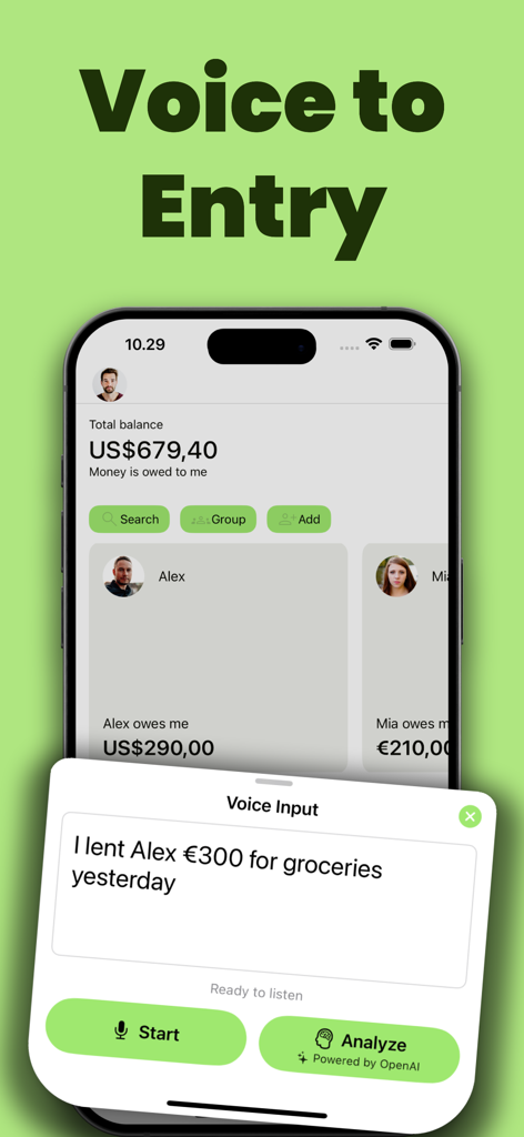 Loan Tracker: You Owe Me - Voice to entry interface in the Loan Tracker app for logging a debt using voice input.