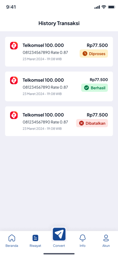 Transaction history screen in Sukma Convert app showing status of credit to cash conversions