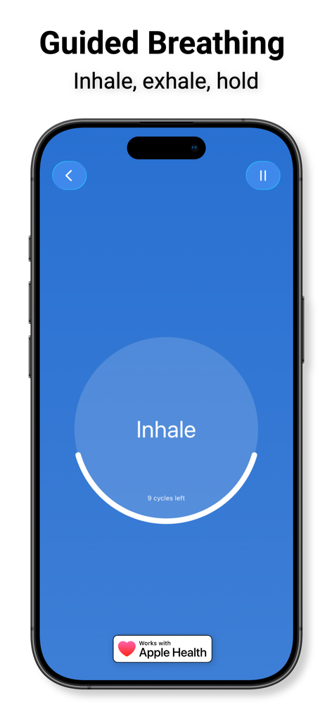 iBreathe – Relax and Breathe - Pantalla de iPhone que muestra la interfaz de respiración guiada de la aplicación iBreathe con una indicación de inhalación e integración con Apple Salud.