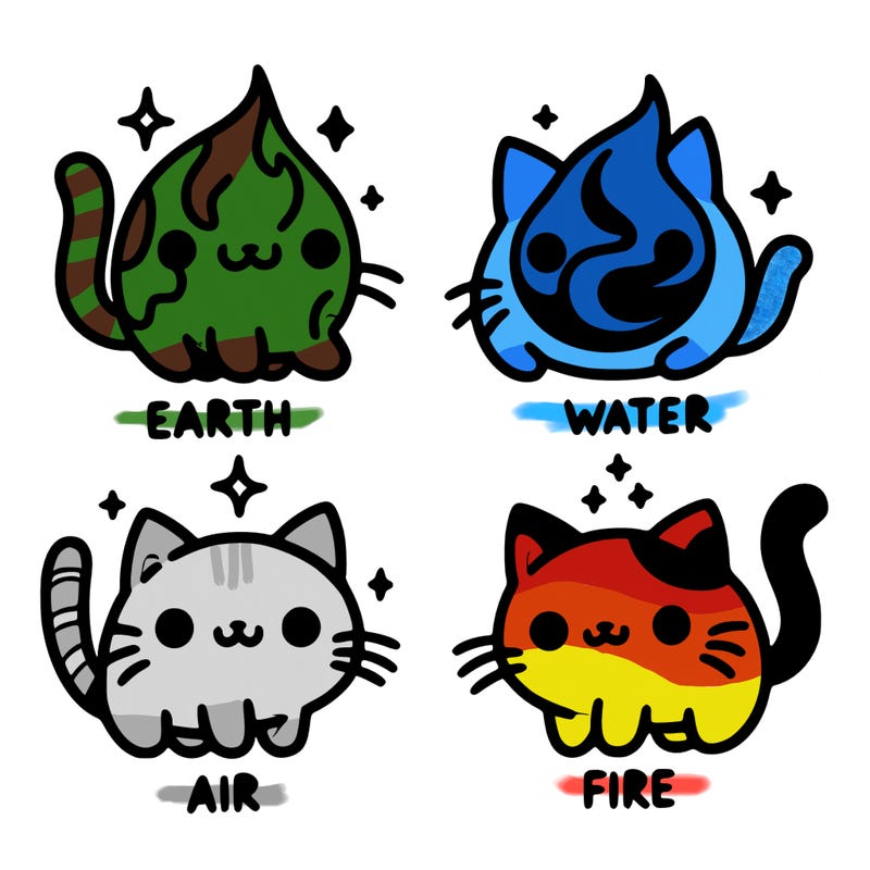 4 cats that represent the different elements, earth, water, air, and fire