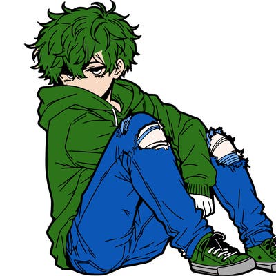 a male hoddie ripped jeans messy hair anime