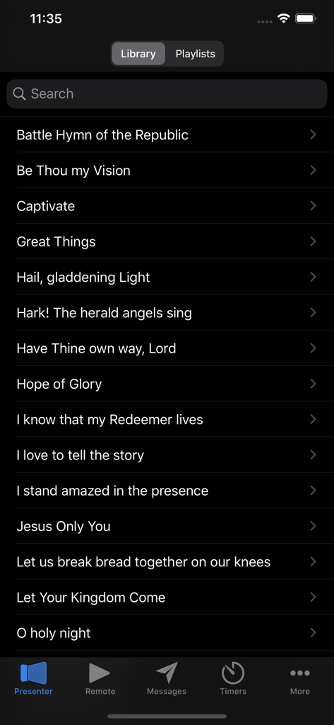 ProPresenter Remote Classic - Library list of songs in ProPresenter Remote Classic app