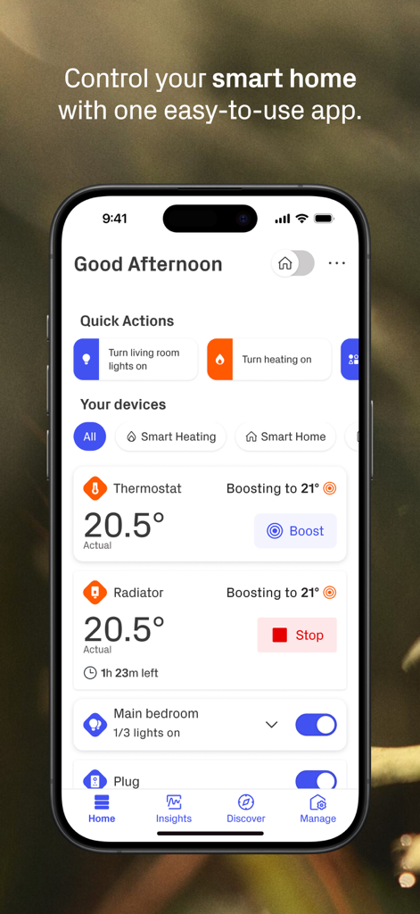 The Hive app dashboard on an iPhone showing smart home controls for heating, thermostat, and lighting.