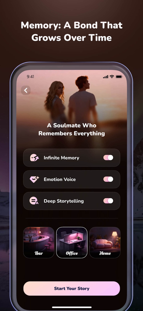 HiBae - Best AI Companion - HiBae app interface featuring AI memory settings and environment choices for a personalized virtual companion