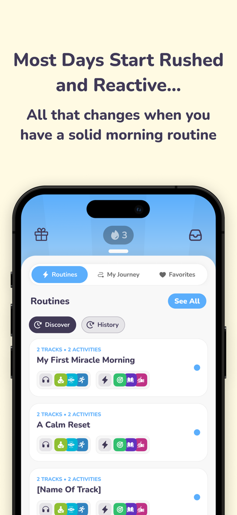 Miracle Morning Routine - My First Miracle MorningやA Calm Resetなどの毎日のルーティンリストを示すミラクルモーニングアプリのスクリーンショット。