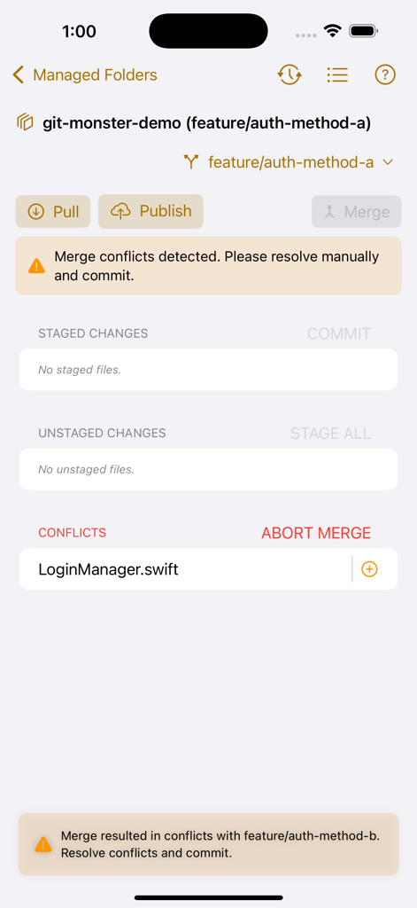 Weee: The Git Monster - Mobile interface of Weee Git client showing a merge conflict warning and file conflict list