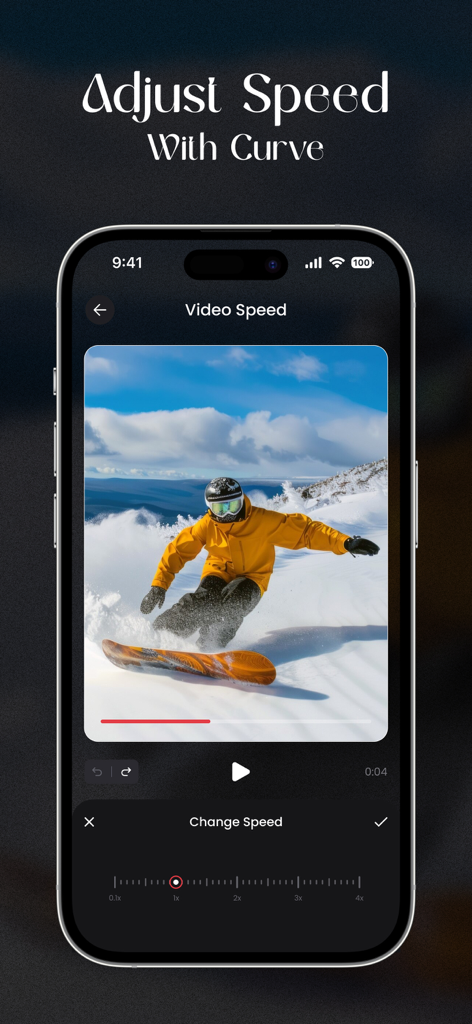 Stop Motion Video Maker Studio - Smartphone-Bildschirm, der die Benutzeroberfläche zur Anpassung der Videogeschwindigkeit in der Stop Motion Video Maker Studio App mit einer Vorschau eines Snowboarding-Videos zeigt.