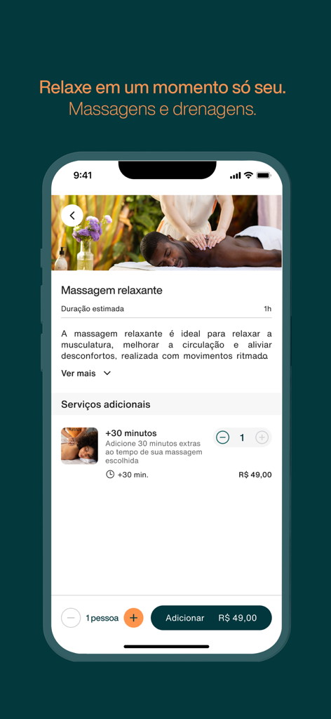 Interfaz de la aplicación Bluma que muestra los detalles para reservar un servicio de masaje relajante a domicilio