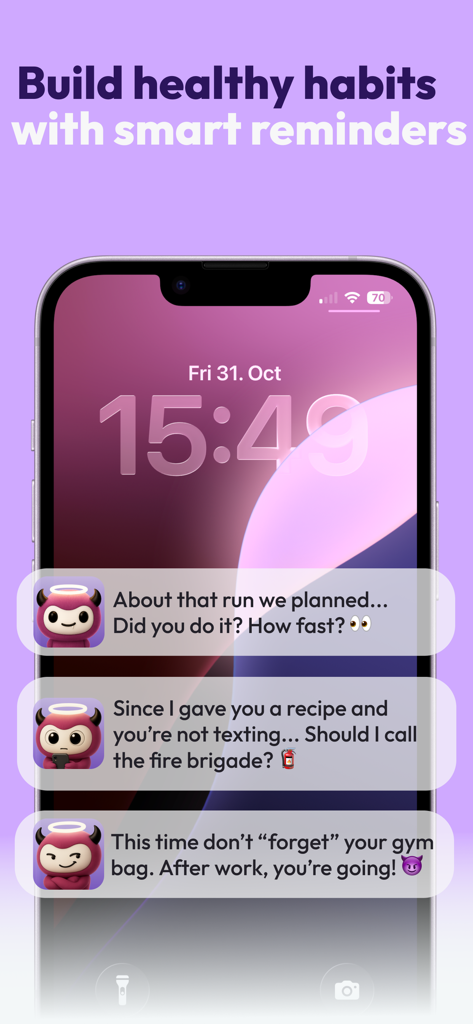 Smartphone lock screen displaying witty AI coach notifications from the Eylo app about healthy habits