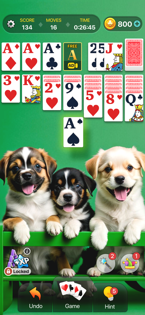 Klondike Solitaire- Card Games - Pantalla del juego de cartas Nova Solitaire con un lindo tema de cachorro y cartas grandes y fáciles de leer