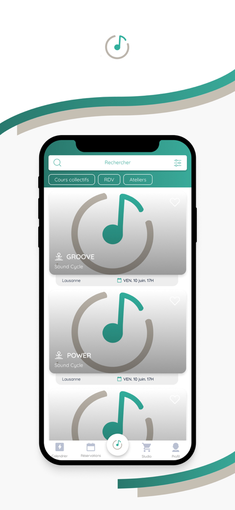 Sound Cycle mobile app interface showing a list of available group cycling classes including Groove and Power sessions