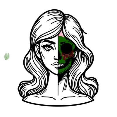 bust of a woman, half face and hair, half skull