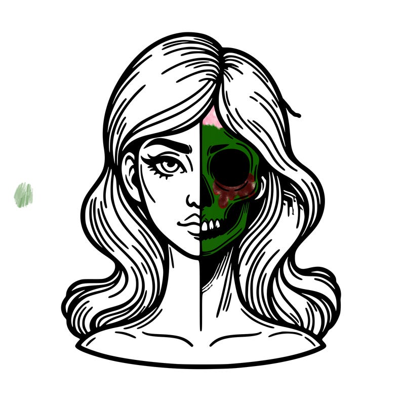 bust of a woman, half face and hair, half skull