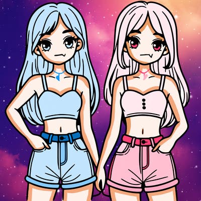 two sisters with crop tops and jean shorts and straight hair