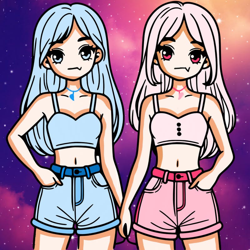 two sisters with crop tops and jean shorts and straight hair