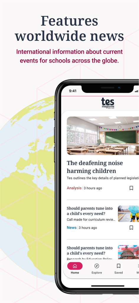 Interface do aplicativo Tes Magazine exibindo notícias e artigos de educação internacionais
