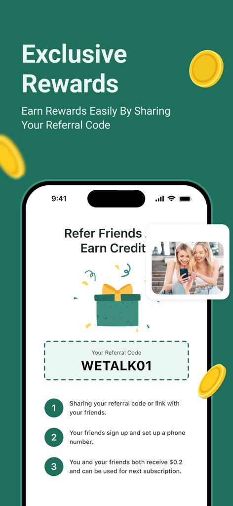 WeTalk app screen displaying the exclusive rewards and referral program to earn credits by sharing a code.