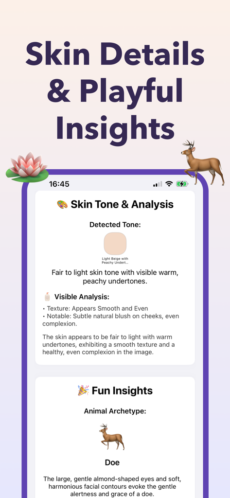 KI-Hauttonanalyseergebnisse und Einblicke in den tierischen Fuchs-Archetyp auf dem FaceForm App-Bildschirm.