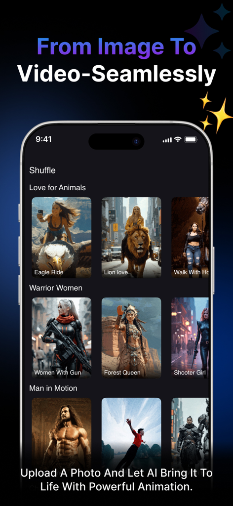 Ai Video Generator : Vidjoy - Screenshot of Vidjoy app interface showing various AI video templates for animating photos.