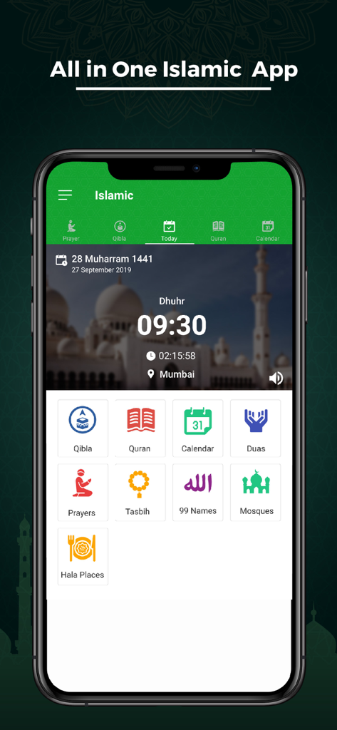 Muslim App - Islamic Pro - Smartphone screen displaying the Muslim App Islamic Pro dashboard with prayer times and feature icons