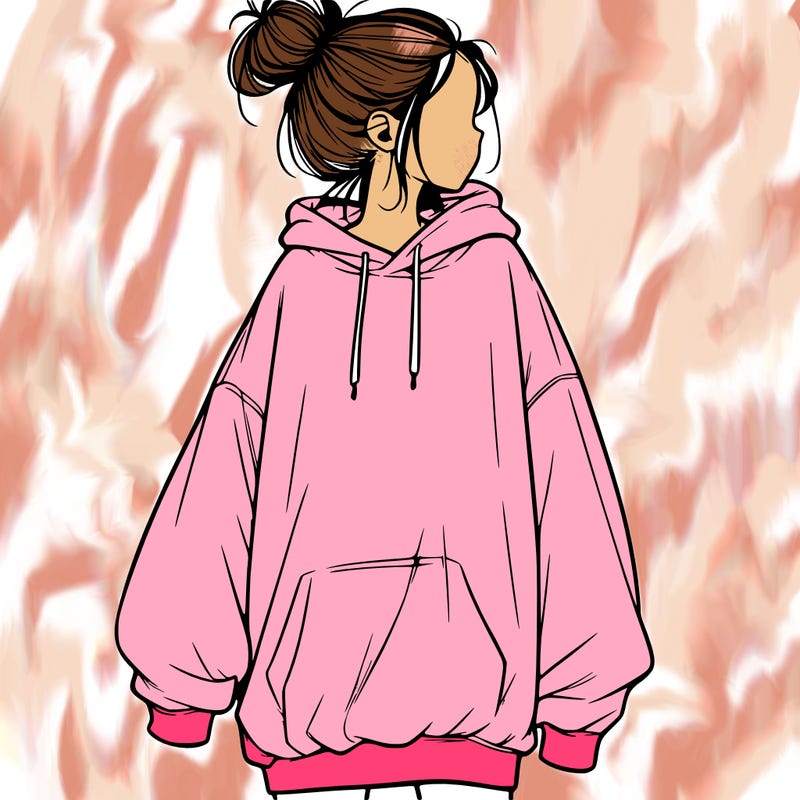 realistic girl with a oversized sweatshirt on and a bun