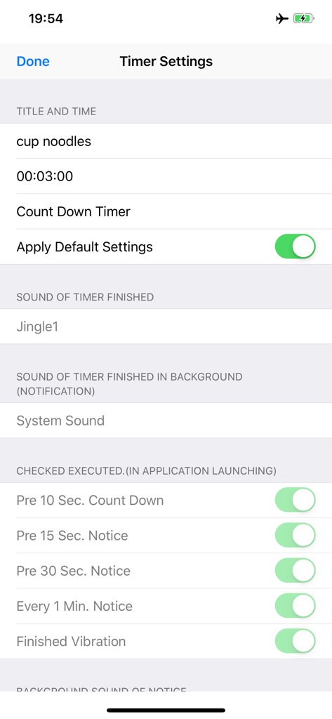 Announcement Useful Timer PRO - Timer settings screen in Announcement Useful Timer PRO showing notification options for a three minute countdown.
