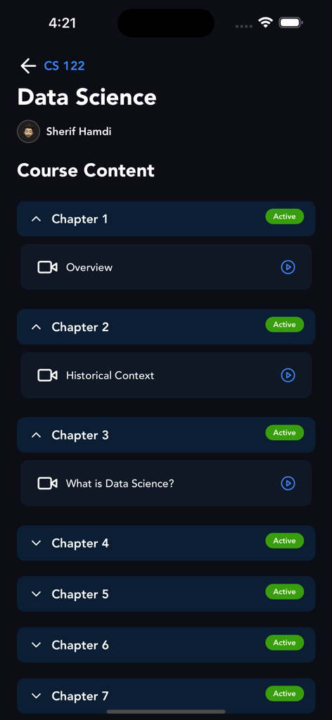 Interface of the Triple AAA app showing a Data Science course outline with video chapters and lessons