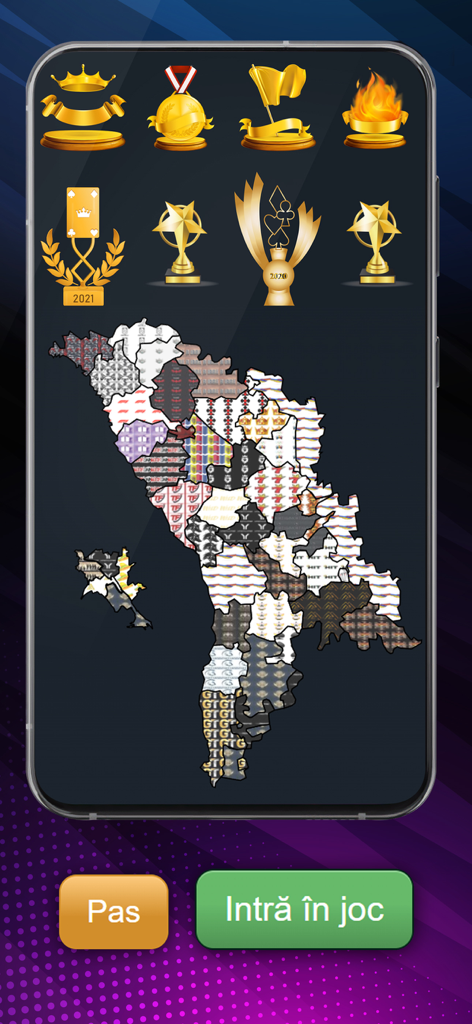 Ein Mobile-Game-Bildschirm mit goldenen Trophäen und einer Karte von Moldawien, unterteilt in Clan-Territorien.