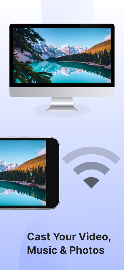 Smartphone casting a mountain landscape photo to a smart TV using Wi-Fi