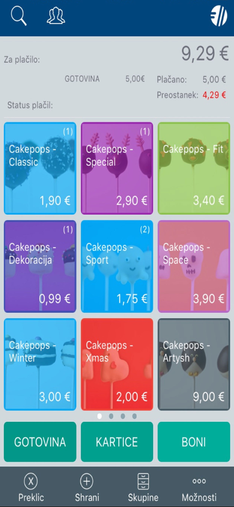 Mobile Kassenschnittstelle mit Produktkacheln und Zahlungsoptionen