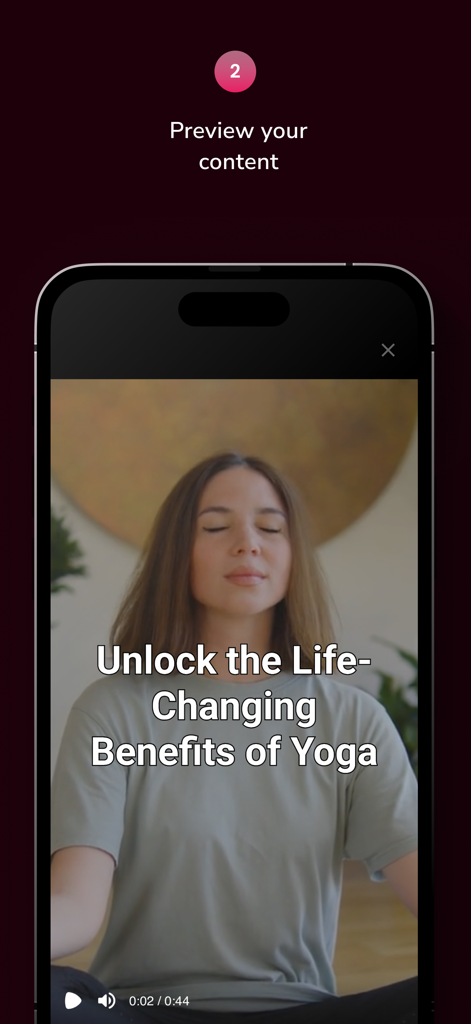 Fliki - AI Video Editor - Fliki app interface showing a video preview of a woman meditating with yoga text overlay