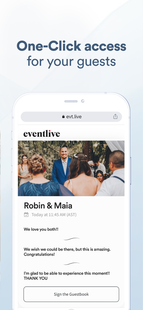 EventLive－Live Stream Event - Smartphone-Bildschirm, der eine Hochzeitsveranstaltungsseite auf EventLive mit der Überschrift Ein-Klick-Zugang zeigt