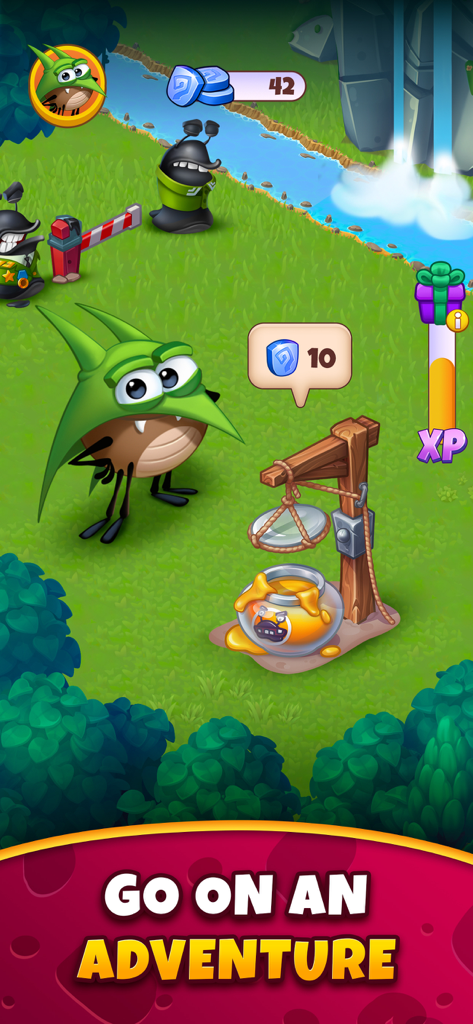 Best Fiends - Match 3 Puzzles - Un personnage vert de Best Fiends se tient dans un paysage forestier luxuriant avec le texte « Partez à l'aventure ».