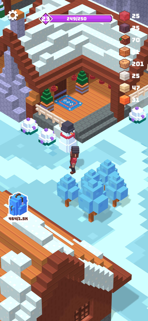 Craft Valley - Building Game - A voxel character standing near a snowman and a snowy wooden house in Craft Valley