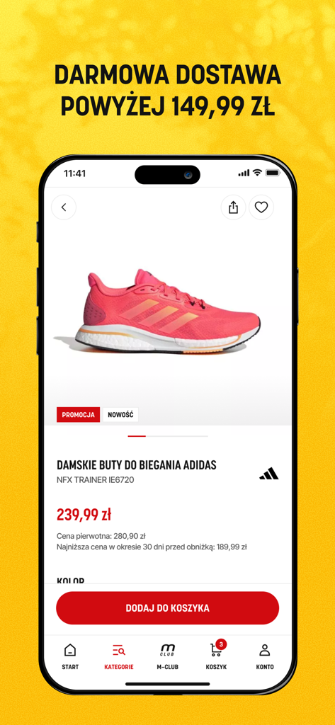 Martes Sport mobile app product page showing a pink Adidas womens running shoe and free delivery offer