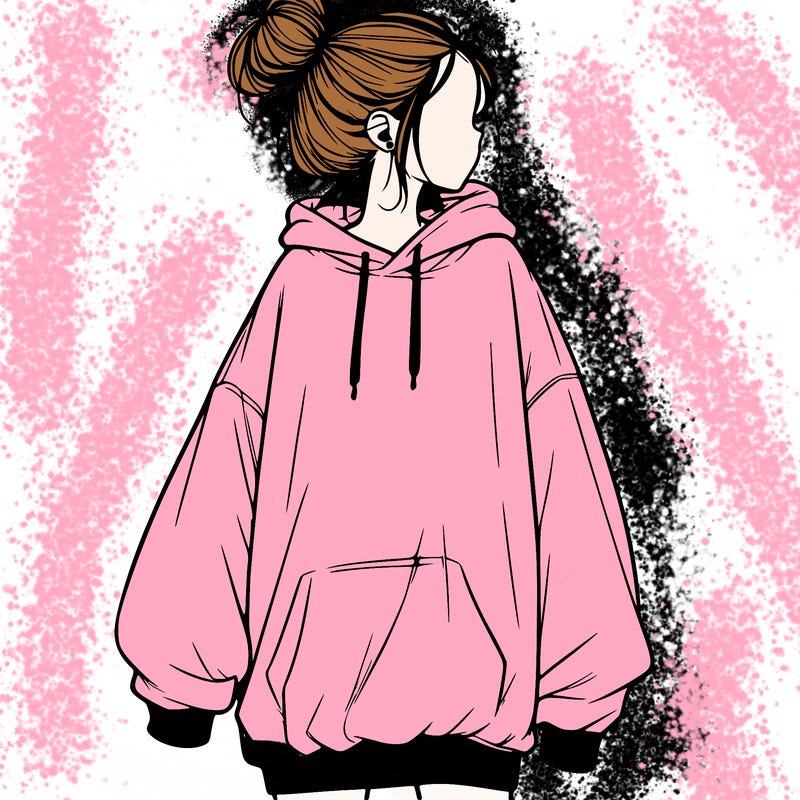 realistic girl with a oversized sweatshirt on and a bun