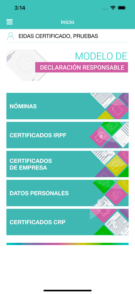 Menú principal de la app mGerhonte mostrando opciones de nóminas y certificados