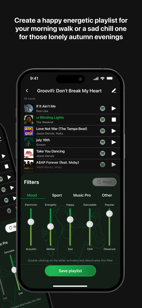 Groovifi - Playlist Generator - Groovifi mobile app interface showing mood filters for custom playlist generation
