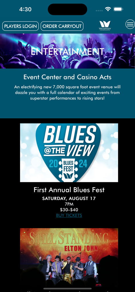 WaterView Casino & Hotel - WaterView Casino and Hotelアプリのエンターテイメント セクション。地域のイベントやコンサートが表示されます。