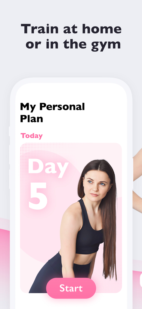 Glowly: Face & Body Workouts - Mobile app screen showing a personal training plan for Day 5 with a Start button and a woman in fitness attire.