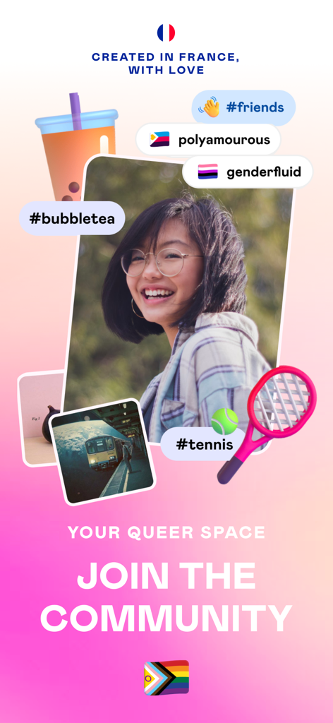 Écran promotionnel pour l'application Vibes présentant une personne souriante et des étiquettes pour l'identité et les intérêts LGBTQ.