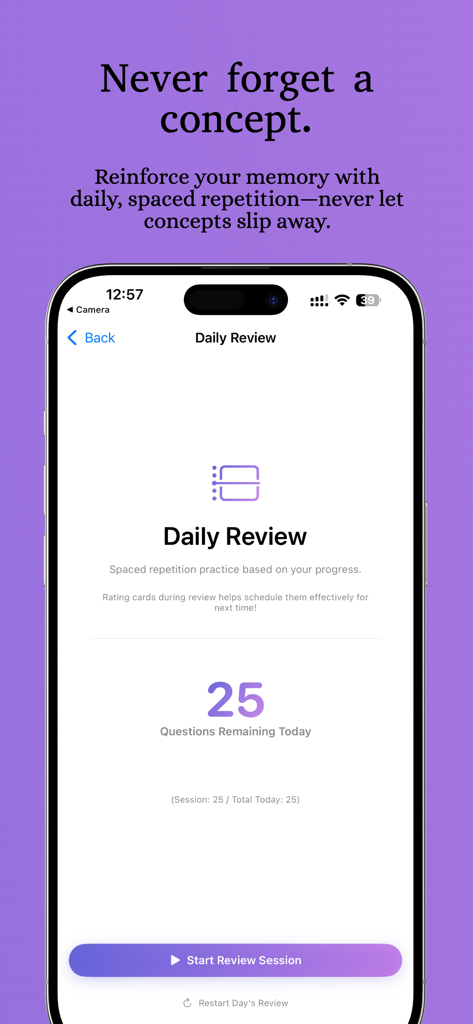 Interview Genie - iOS 인터뷰 준비를 위해 25개의 질문이 남은 간격 반복 학습 세션을 보여주는 Interview Genie 앱의 일일 검토 화면.