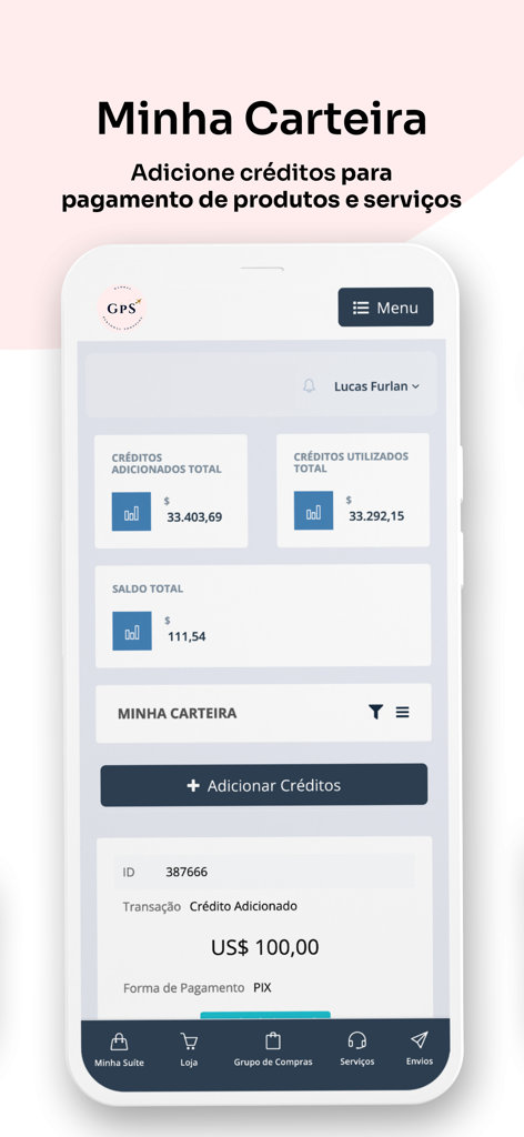 Interface de l'application mobile de l'écran Mon portefeuille affichant les soldes de crédit et l'historique des transactions pour les achats internationaux.