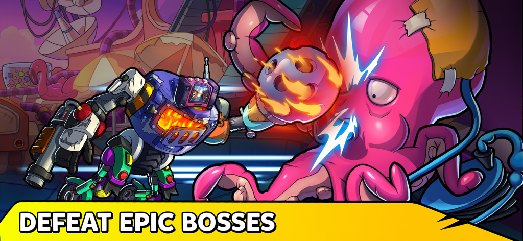 A custom scrap metal robot battles a giant pink octopus boss in the game Junkineering