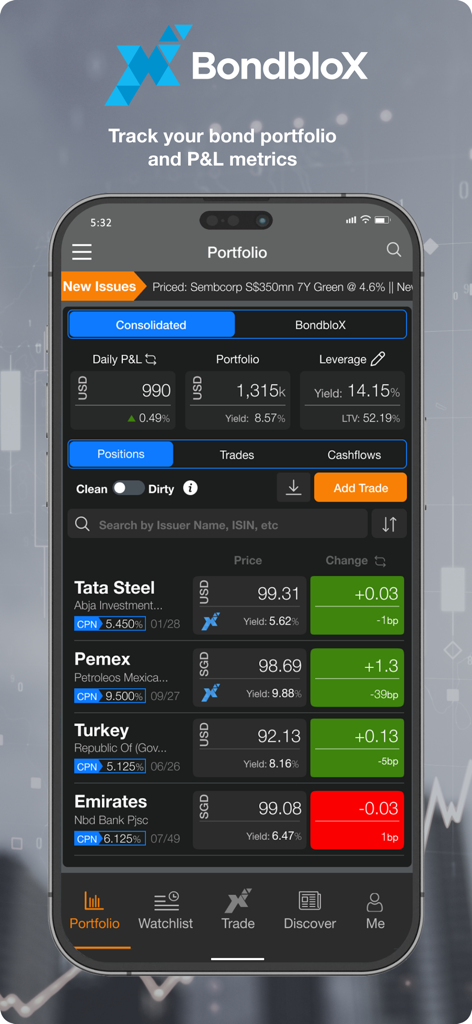 BondbloX mobile app interface displaying a bond portfolio with daily P&L and real-time bond price tracking.