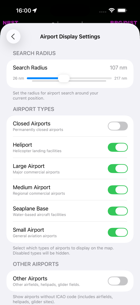 iEFIS Pro - iEFIS Pro airport display settings screen showing search radius and airport type filters