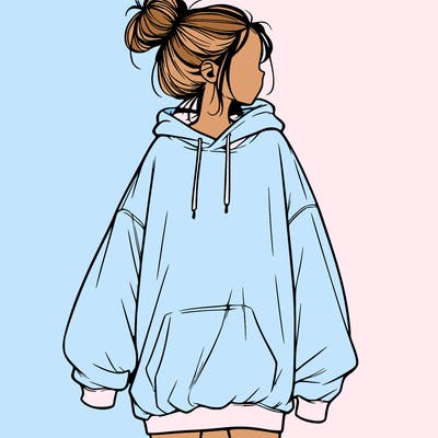 realistic girl with a oversized sweatshirt on and a bun