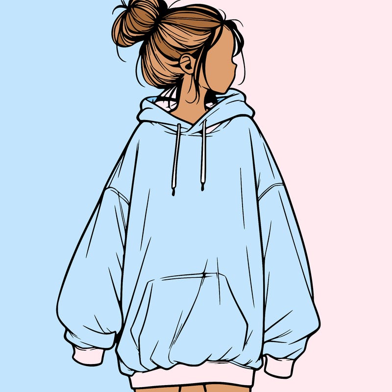 realistic girl with a oversized sweatshirt on and a bun
