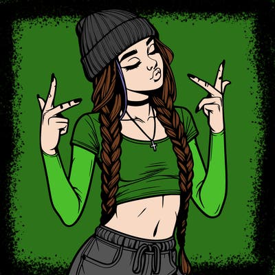 realistic teenage girl with braids and a beanie and crop top doing 🫶🏼