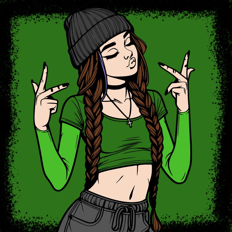 realistic teenage girl with braids and a beanie and crop top doing 🫶🏼